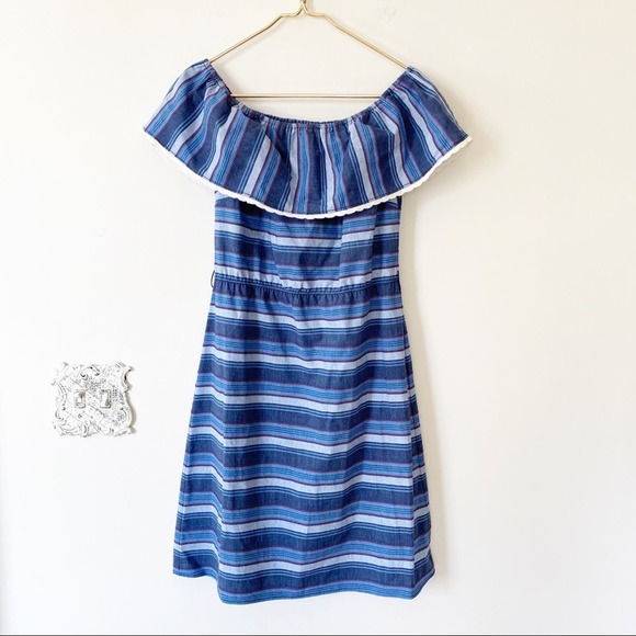 Letarte Blue Chambray Striped Off Shoulder Ruffle Sundress Coverup S - Picture 2 of 8